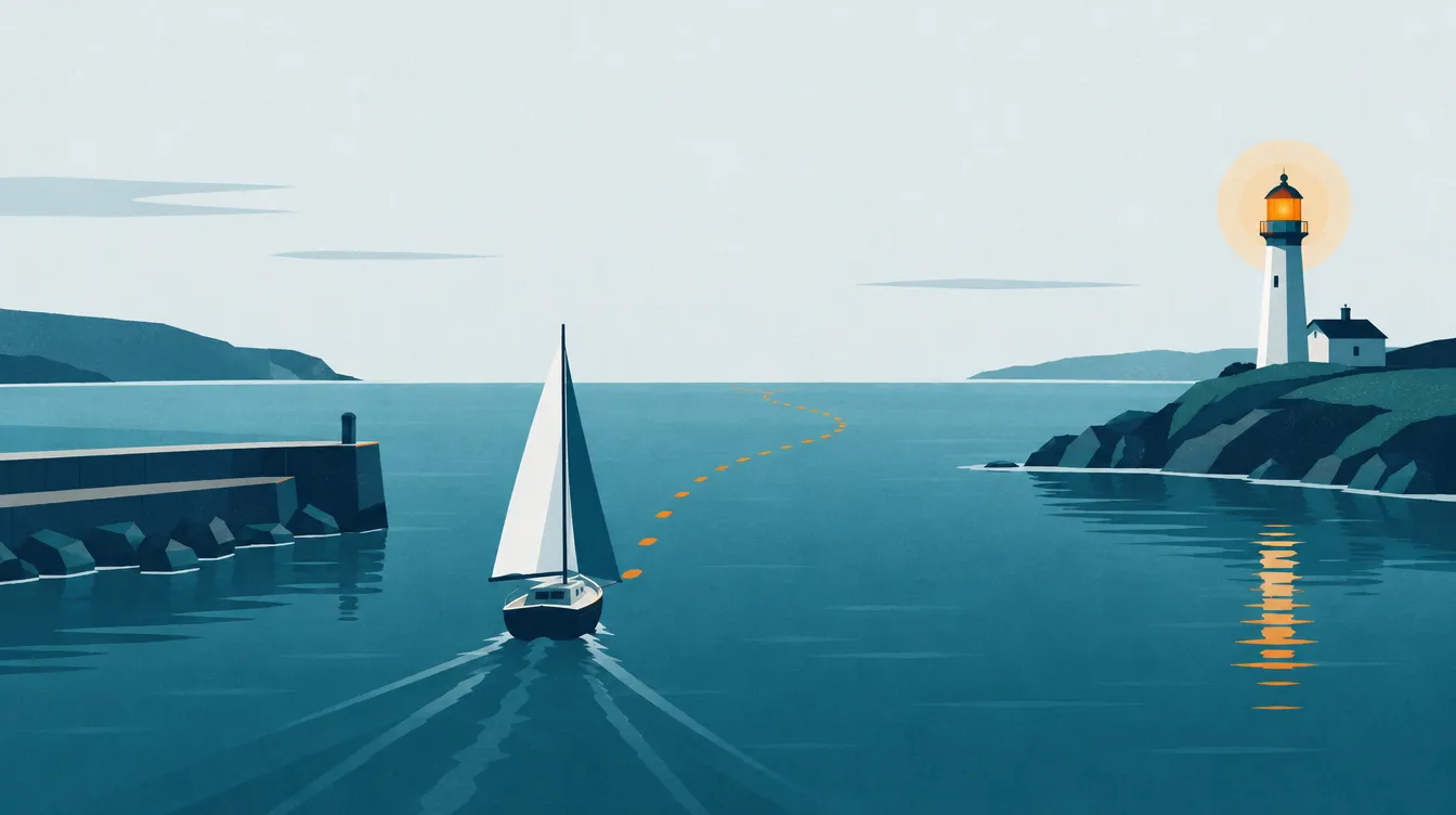 Illustration: Ein kleines Segelboot läuft aus dem Hafen aus, im Leuchtturm leuchtet eine Münze.