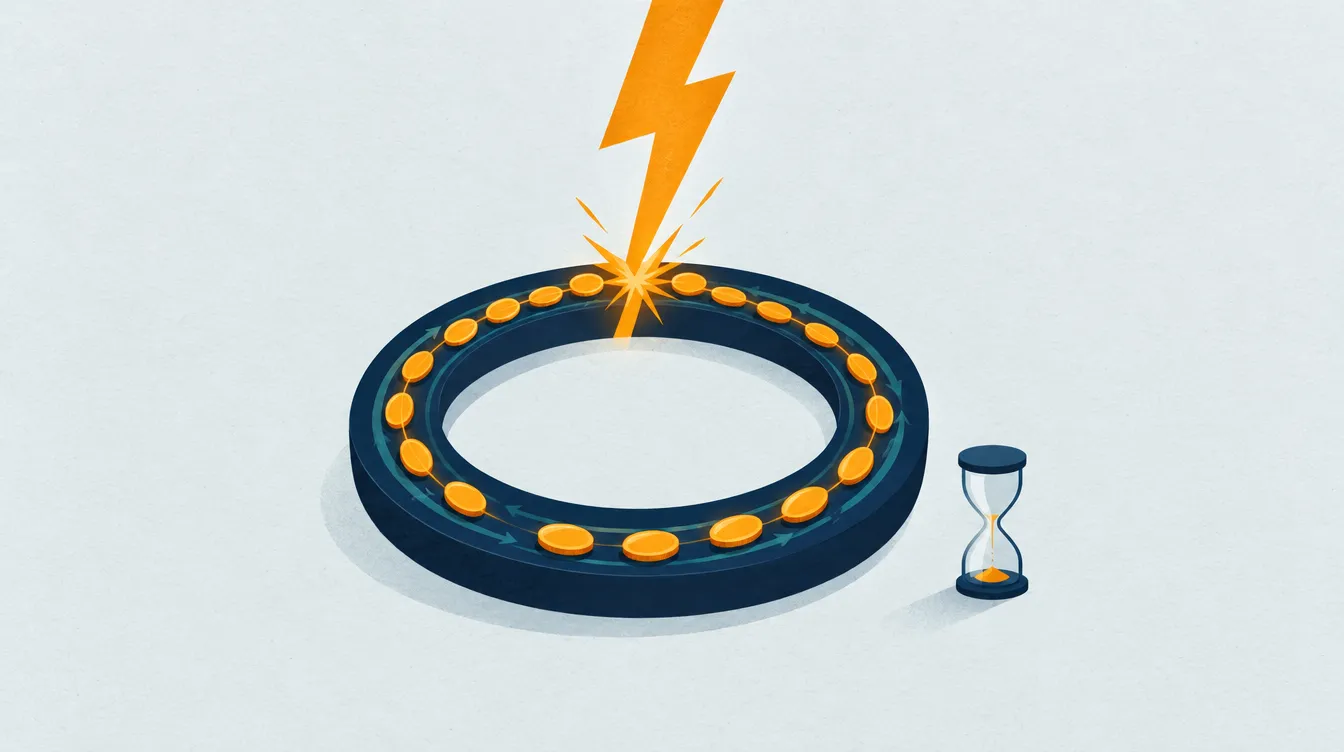 Illustration: Ein Blitz schlägt in eine Kreisbahn ein, auf der Münzen in einem einzigen Umlauf verliehen und zurückgegeben werden.