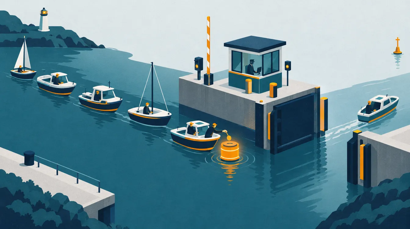 Illustration: Boote warten an einer Hafenschleuse, eines wirft eine Münze in eine Maut-Boje, um schneller durchzukommen.
