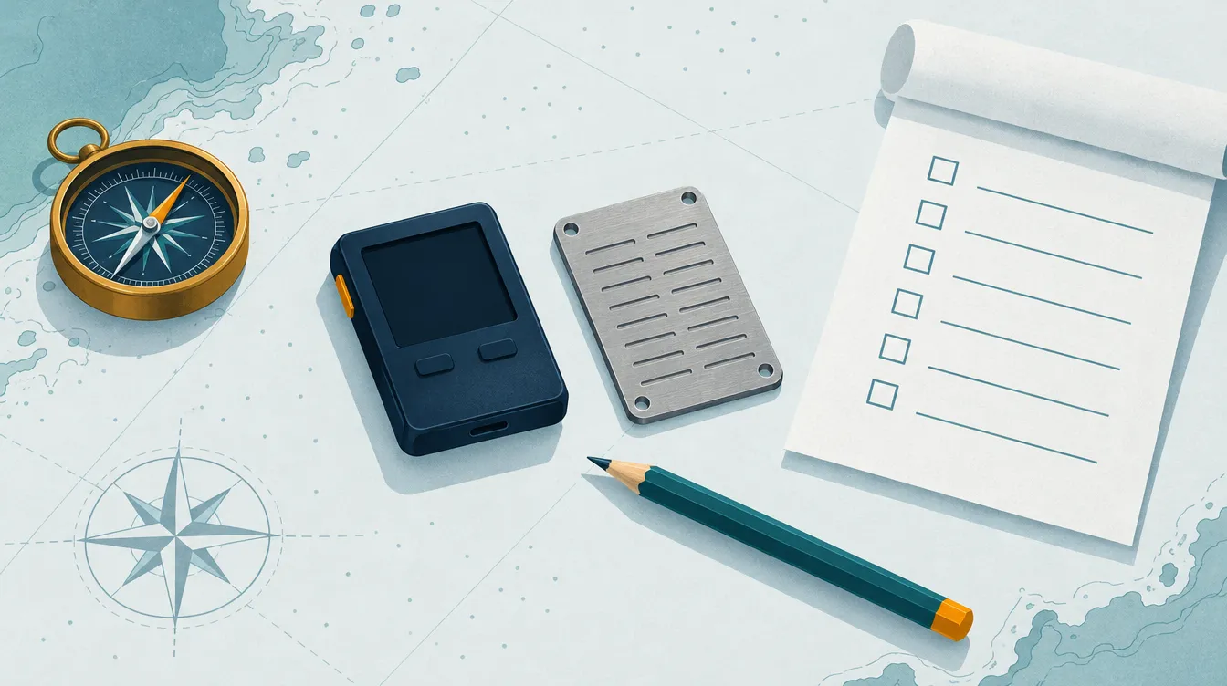 Illustration: Ein Hardware-Wallet auf einem Kartentisch neben einer Metallplatte, einem Kompass und einer Checkliste.