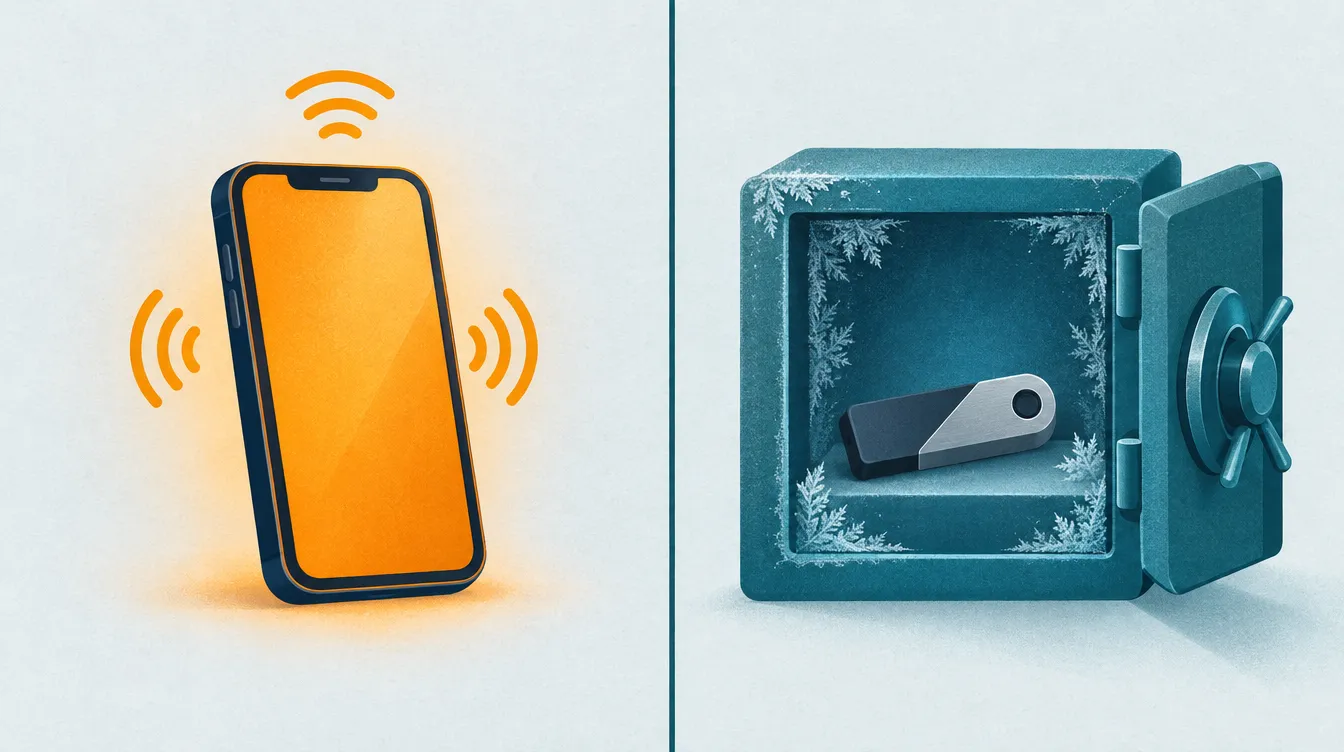 Illustration: Links ein Smartphone mit Funkwellen als Hot Wallet, rechts ein Hardware-Wallet in einem Tresor als Cold Wallet.