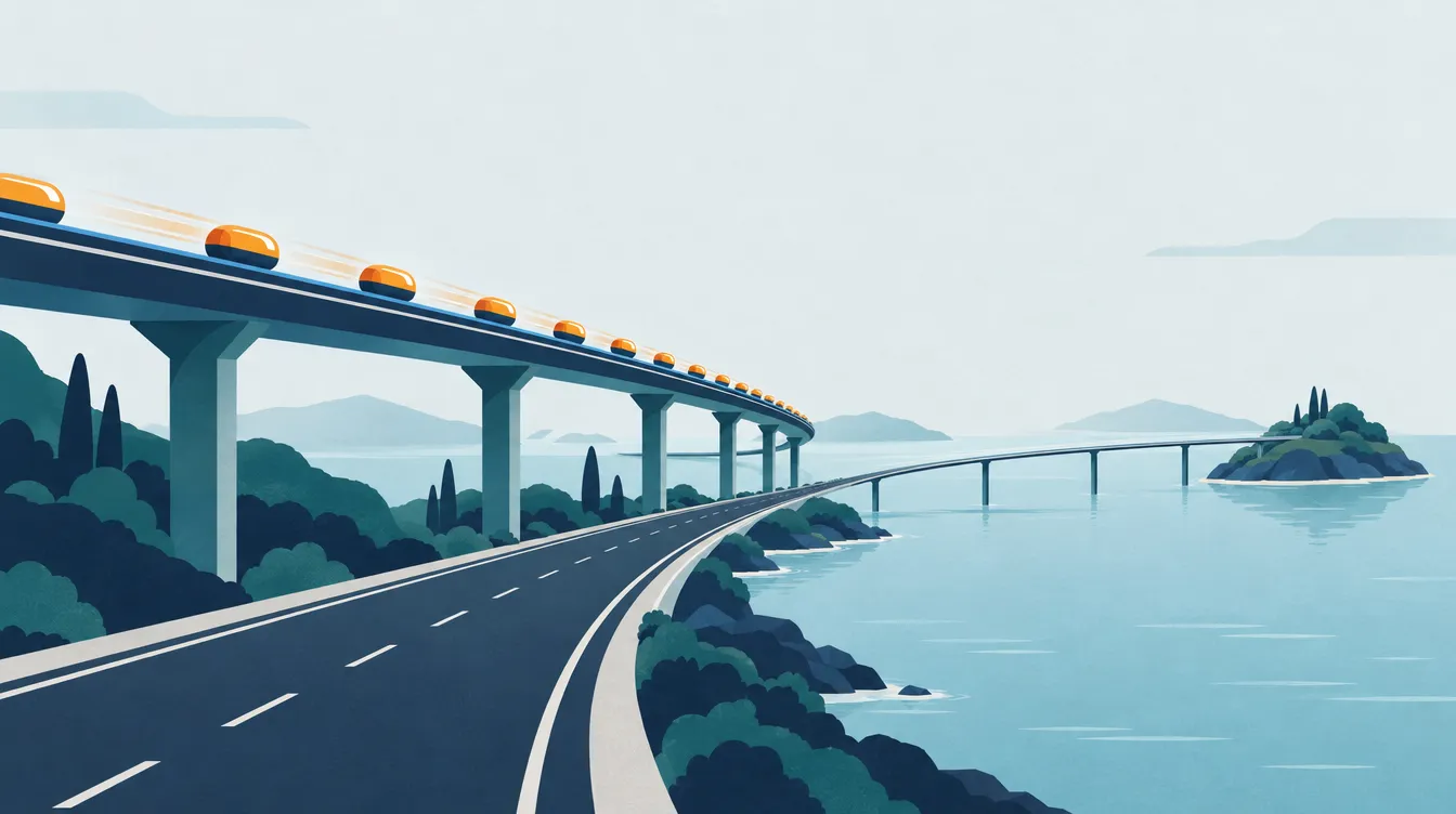Illustration: Über einer Hauptstraße verläuft eine zweite, schnellere Ebene, und eine Brücke führt hinüber zu einer anderen Insel.