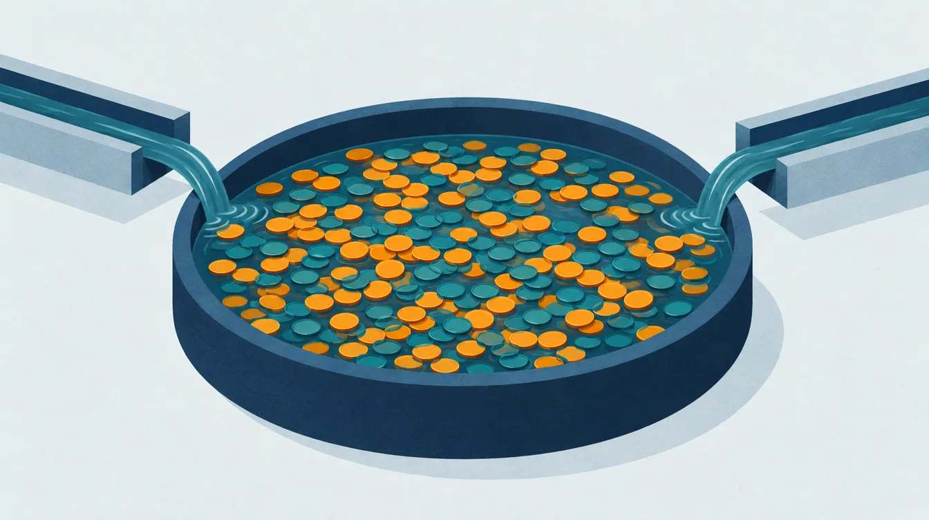 Illustration: Ein rundes Becken voller Münzen in zwei Farben, die sich vermischen, gespeist von kleinen Kanälen.