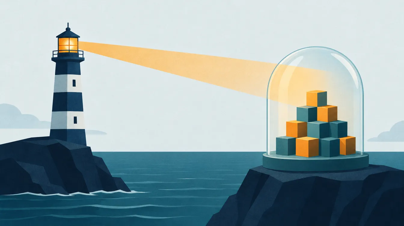 Illustration: Ein Leuchtturm schickt einen Lichtstrahl von der offenen See in eine geschlossene Glaskuppel voller Blöcke.