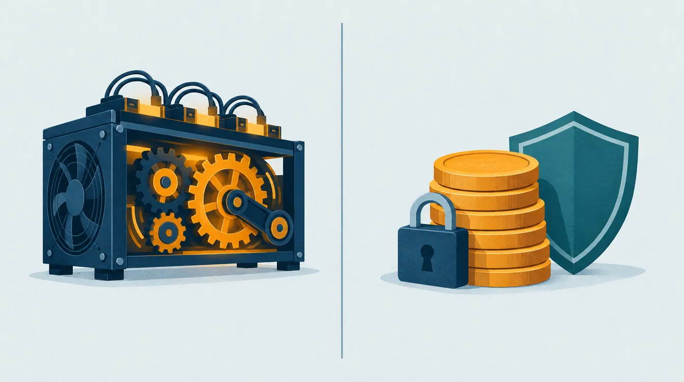 Illustration: Links eine Rechenmaschine mit Zahnrädern für Proof of Work, rechts ein gesicherter Münzstapel für Proof of Stake.
