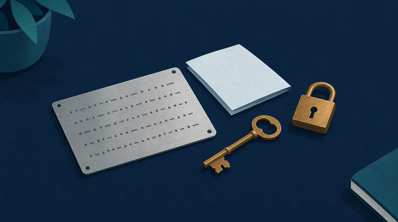 Illustration: Eine gravierte Metallplatte, ein gefalteter Zettel und ein Schlüssel als Symbol für eine sicher verwahrte Seed-Phrase.