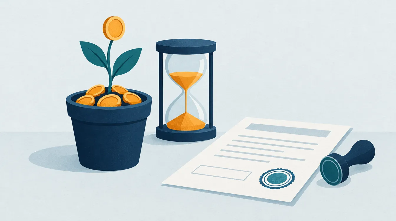 Illustration: Ein Blumentopf mit Münzen, aus dem eine neue Münze sprießt, daneben eine Sanduhr und ein Formular mit Stempel.