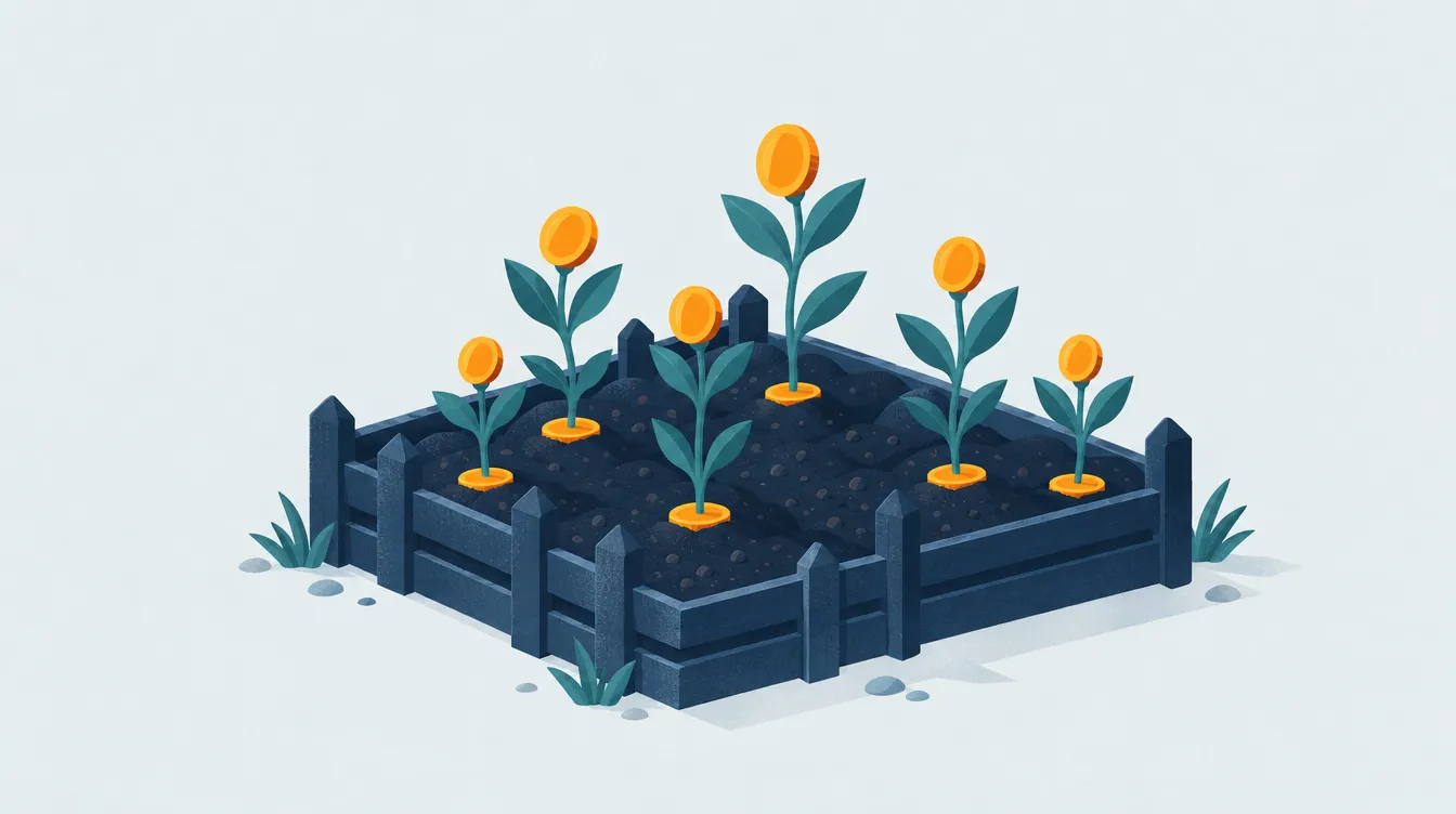 Illustration: Münzen liegen wie Saatgut in einem eingezäunten Beet, aus dem kleine Sprossen mit neuen Münzen wachsen.