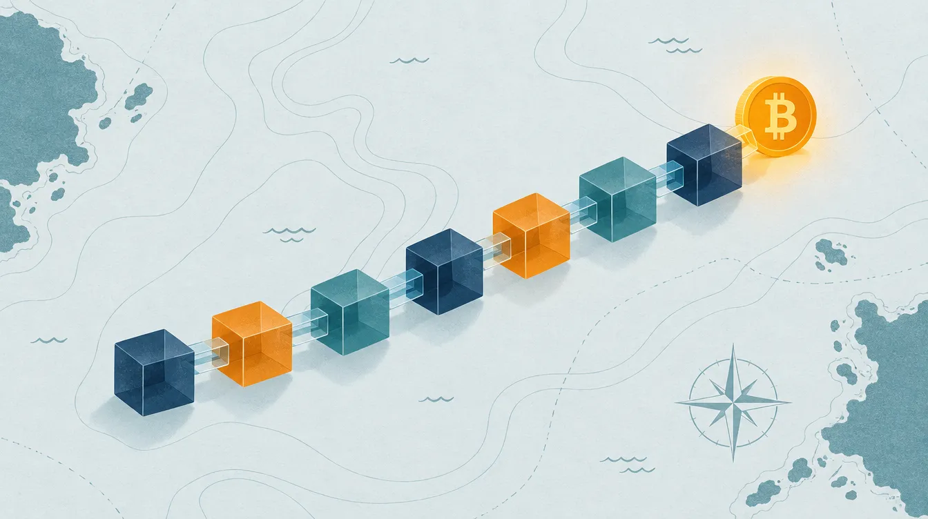 Illustration: Eine Kette aus Blöcken führt über eine Seekarte zu einer Bitcoin-Münze.