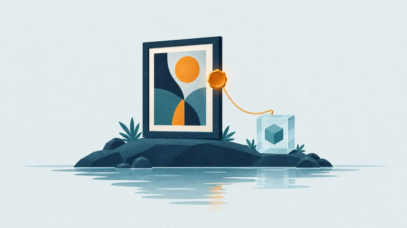 Illustration: Ein gerahmtes Bild auf einer kleinen Insel, an dem ein Siegel hängt, das mit einer Kette mit einem Block verbunden ist.