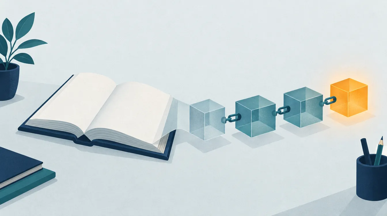 Illustration: Ein aufgeschlagenes Kassenbuch, dessen Seiten in eine Kette aus verbundenen Blöcken übergehen.