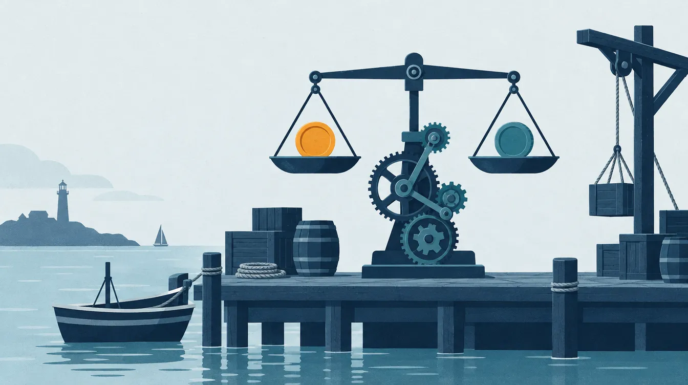 Illustration: An einem Hafensteg werden zwei verschiedene Münzen auf einer Waage mit Zahnrädern gegeneinander getauscht.