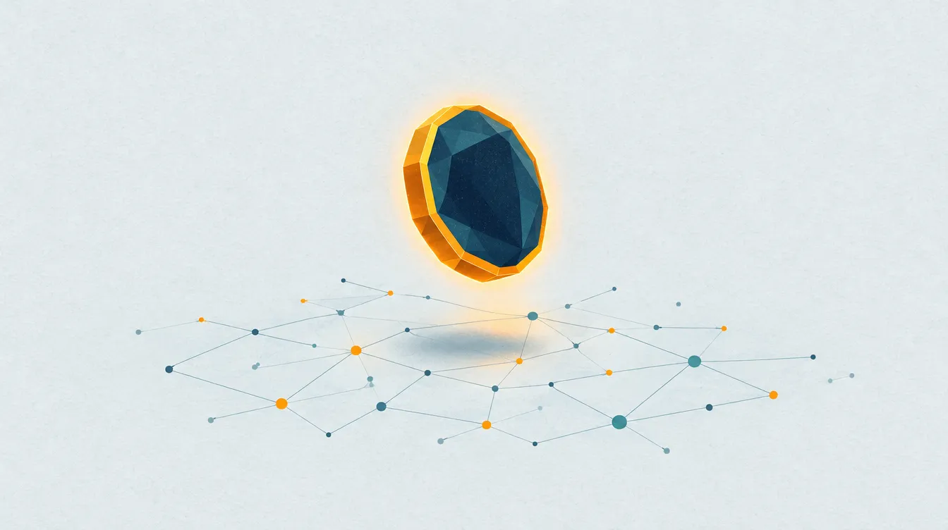 Illustration: Eine facettierte Münze schwebt über einem Netz aus verbundenen Punkten, ähnlich einer Sternenkarte.