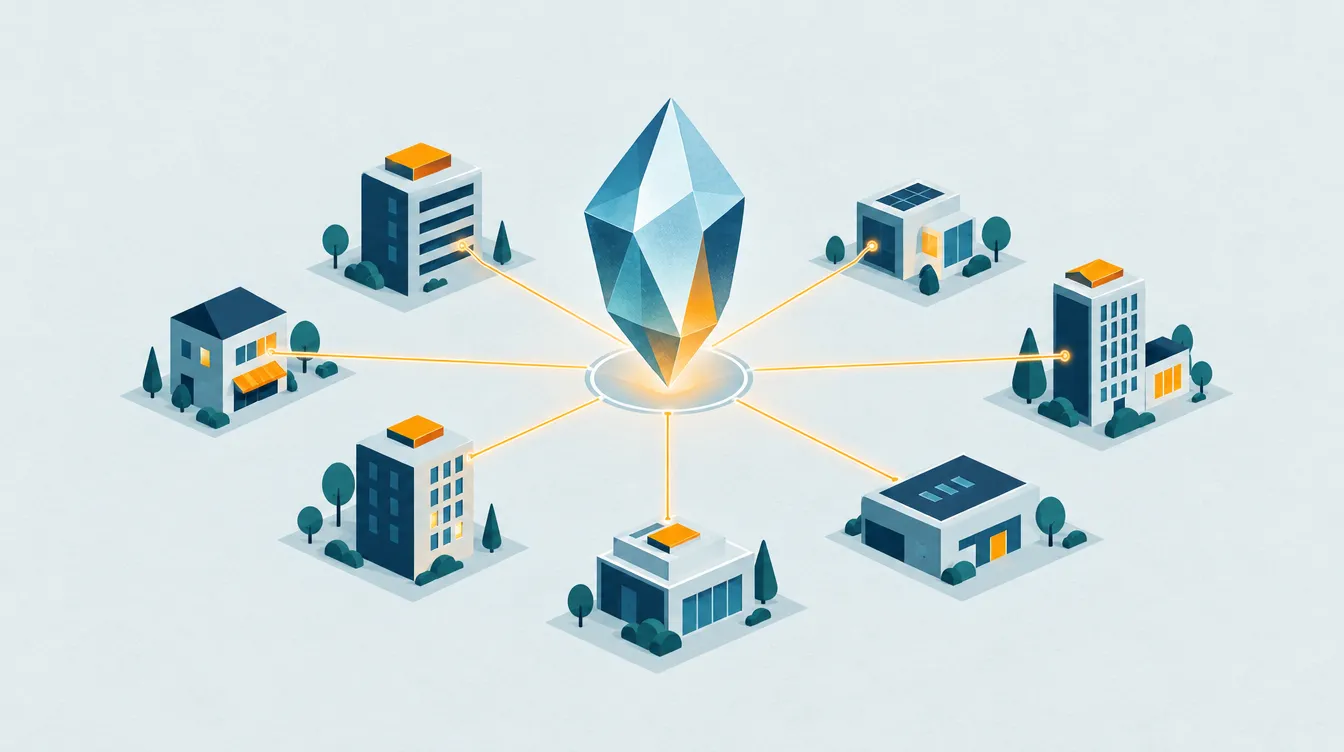 Illustration: Ein großer Kristall in der Mitte einer kleinen Stadt aus Bausteinen, die für Anwendungen auf Ethereum stehen.