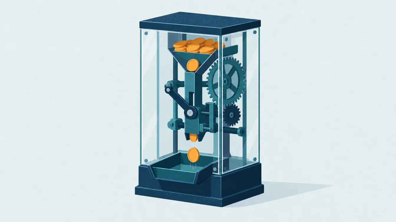 Illustration: Ein durchsichtiger Automat mit sichtbaren Zahnrädern gibt automatisch eine Münze aus.
