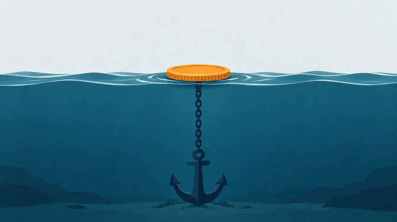 Illustration: Eine Münze wird von einem Anker an einer Kette ruhig auf dem Wasser gehalten.